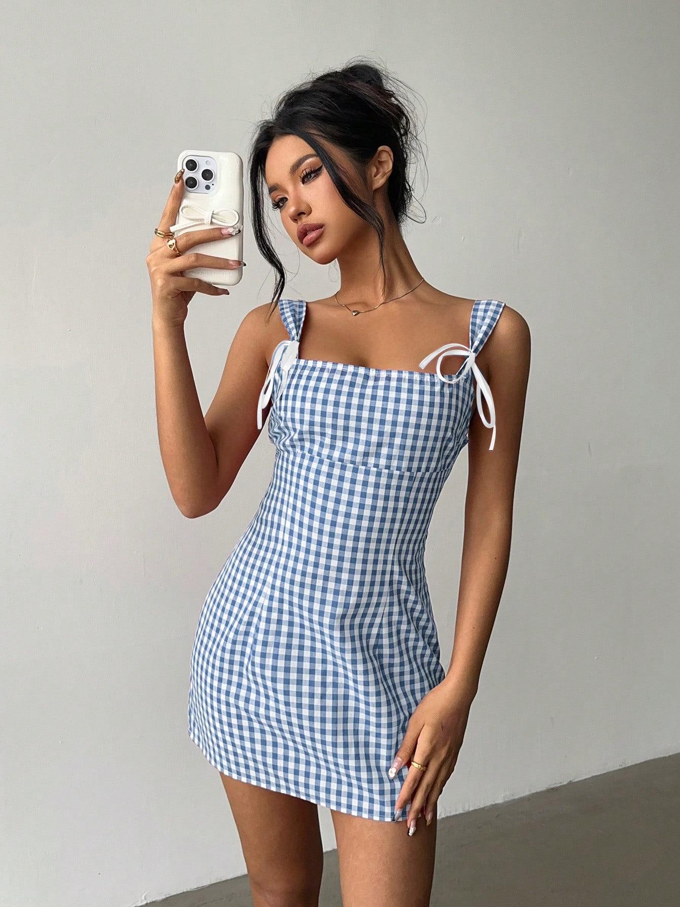 VYNCE Y2K Plaid Mini Camisole Dress Red White Bodycon Cute Pink Casual Summer Outfit Going Out Party Dress