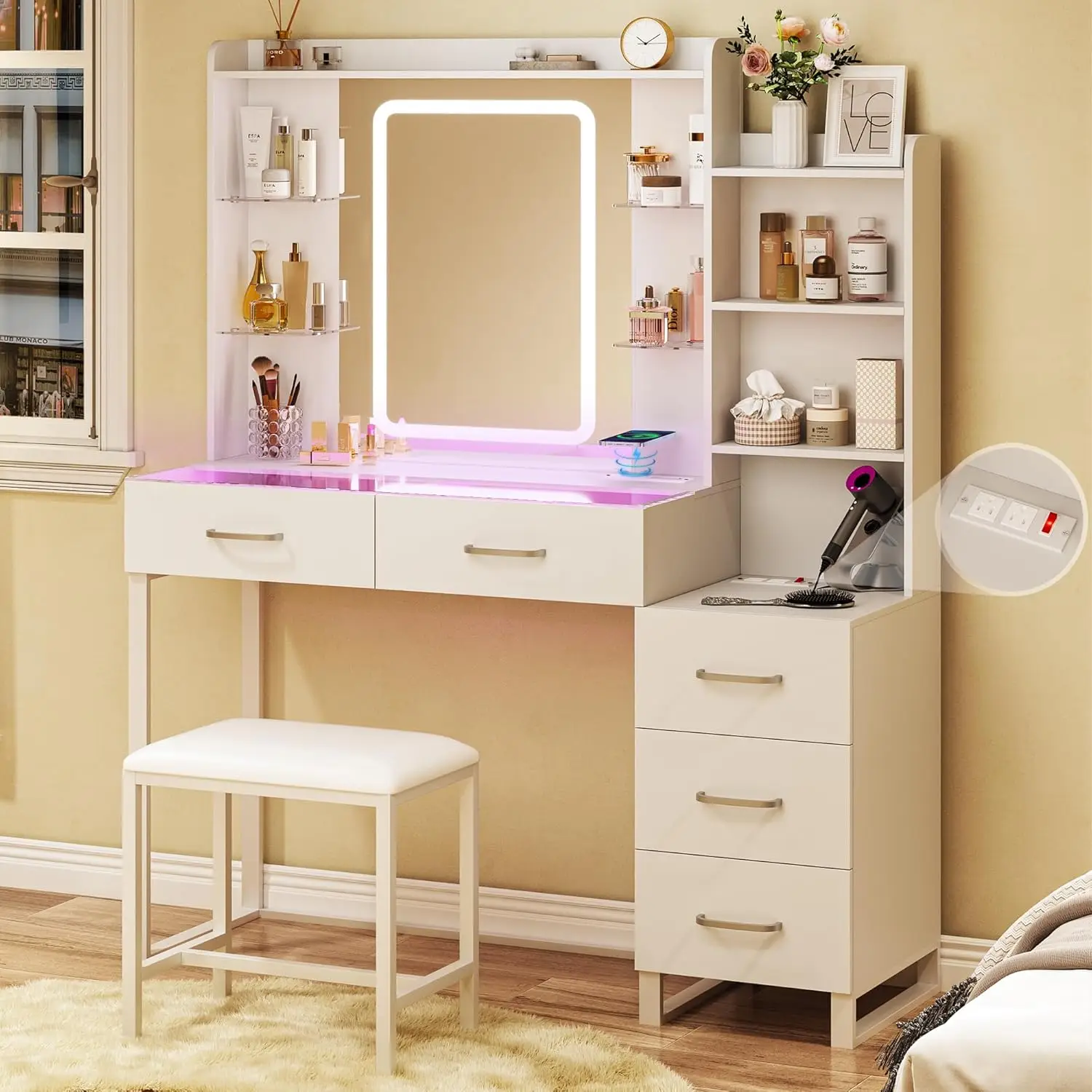 Vanity Desk with Mirror and LED Lights, 57.5" Makeup Vanity with Glass Top & Wireless Charging, Vanity with RGB Drawers, 3 Colors Light, Power Outlet