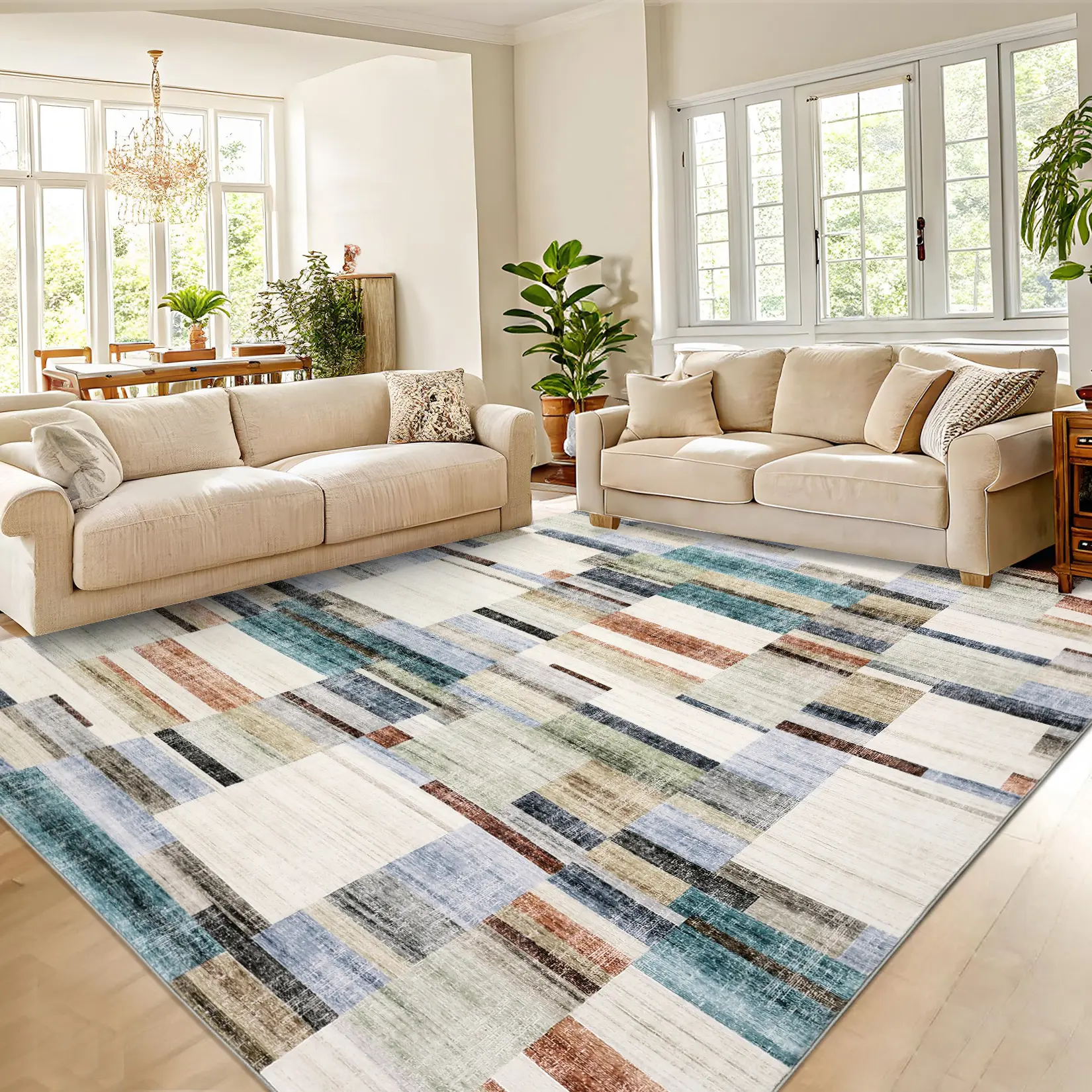 Modern Geometric Print Rug Soft Non-shedding Foldable Washable Area Rug with Non-slip Backing for Bedrooms Living Rooms Dining Rooms Offices Playrooms and Girls' Rooms waterproof