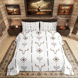Boho Bedding Set,Western Aztec Comforter Set,Cowboy Bull Skull Quilt White Brown Exotic Ethnic Horns Down Comforter for Adults Women Men