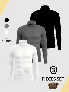Men's High Neck Compression Shirt Set, 3 Piece Long Sleeve Slim Fit, Moisture Wicking Elastic Fabric, Casual Sports Layering, Compression Workout Shirts