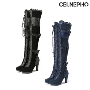 CELNEPHO Womens Thigh High Boots Round Toe Chunky Heels Bow Knot Lace Up Side Zipper Goth Over the Knee Boots Party Cosplay Casual Outdoor Victorian Style Dress Shoes