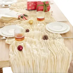 Soft Polyester Boho Rustic Geometric Cheesecloth Gauze Table Runner with Flowing Texture, Machine Washable, for Farmhouse Home Decor, Rustic Farmhouse Decor