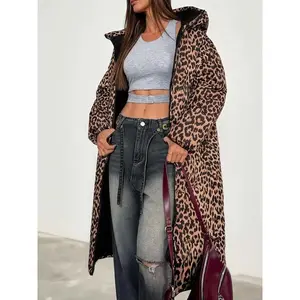 Women's Lightweight Fashion Leopard Print Jacket, Long Slim Fit Winter Coat, Warm Polyester Filled Outerwear for Fall & Winter