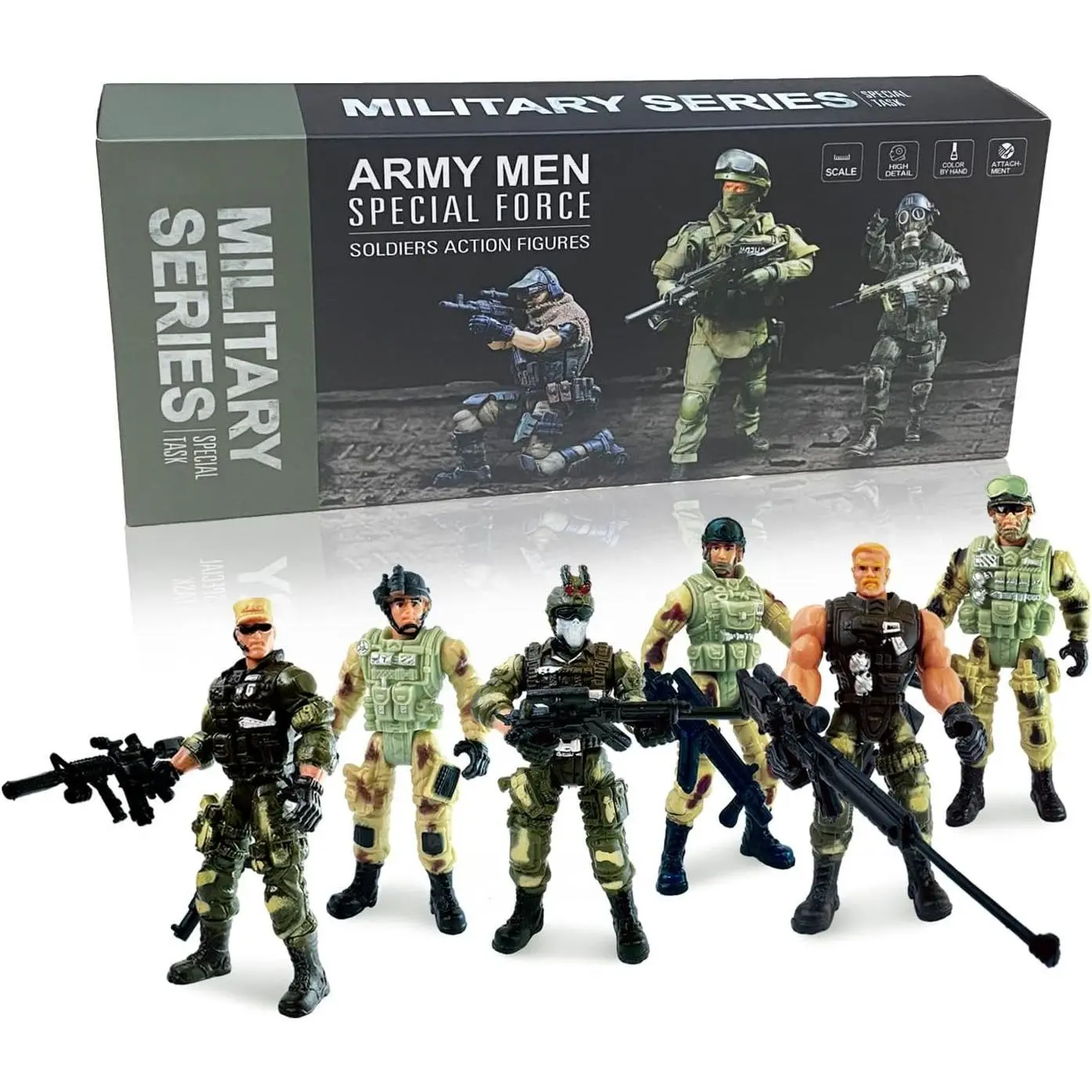 P-MTS018 4 Inches Military Army 3D Figurine Action Figure Playset - Bendable, Transformable, Unisex Kid Stuff for Boys, Collectible Set with Weapons, Pretend Play Easter Gift, Decent Package Design