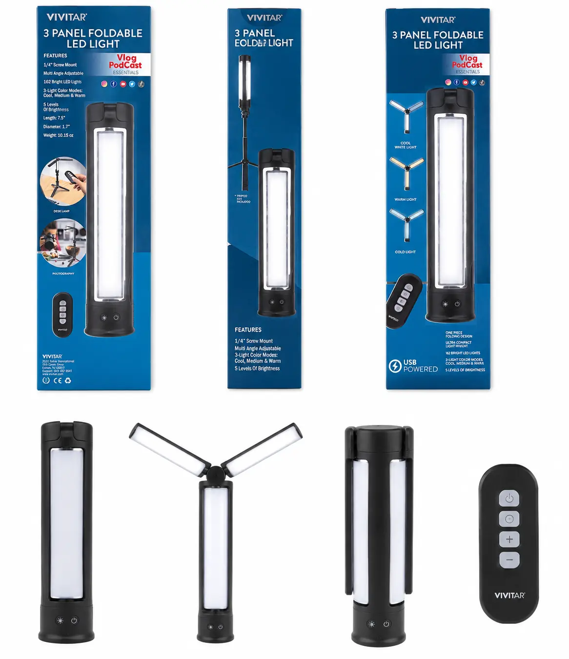 Vivitar 3 Panel Foldable LED Light, 162 LEDs, 3 Color Modes, 5 Brightness Levels, Remote Included