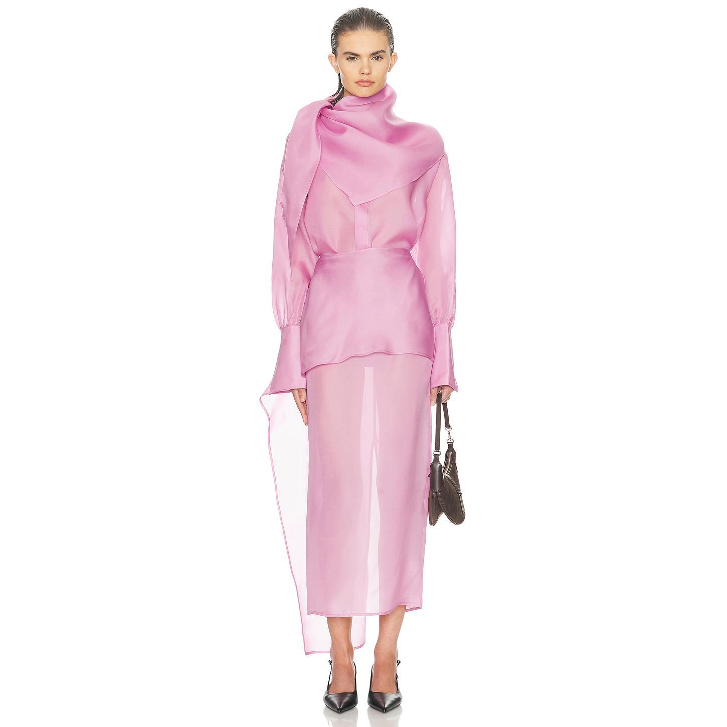 Helsa The Silk Gazar Skirt With Drape in Stone