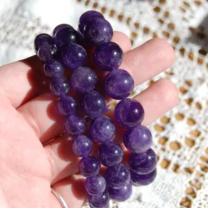 Amethyst Crystal Beaded Bracelet, Large 12mm 10mm 8mm Gemstone Beads