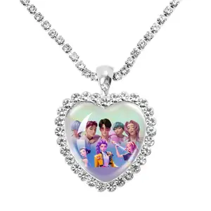 K-Pop Demon Hunters Saja Boys Time Gem Heart Rhinestone Necklace, Demon Hunters Merch,Kpop Demon Hunters Time Gem Heart Necklace