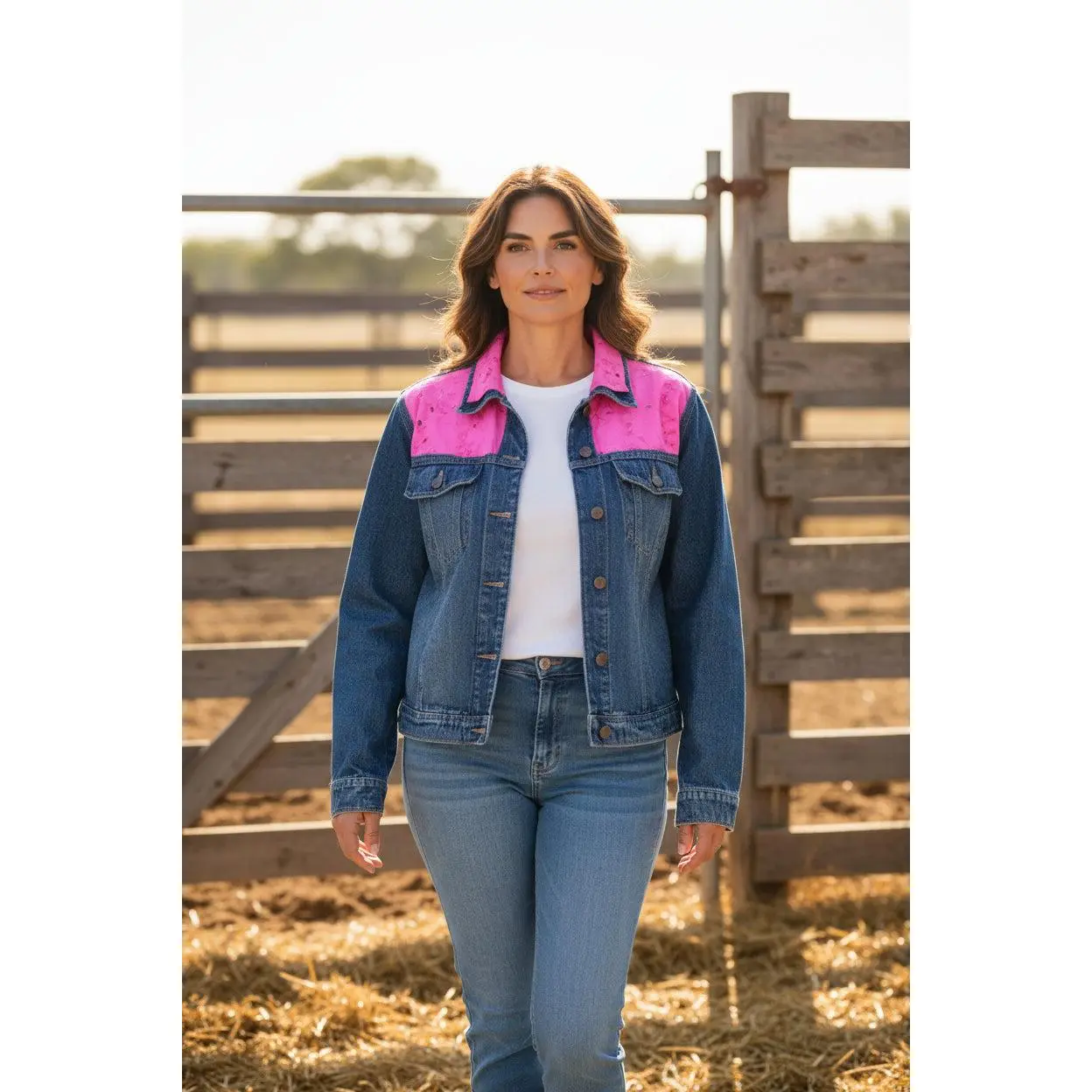 Small - Upcycled Denim Jacket with Pink Eyelet Details | Handmade Feminine Fashion