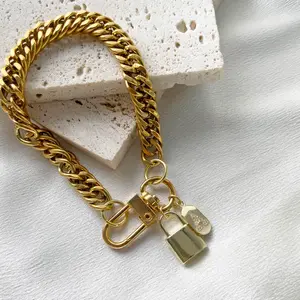 Chunky Double Woven Chain Initial Letter Lock Bracelet, Unique Statement Letter Pendant Bracelet For Women Daily Wear