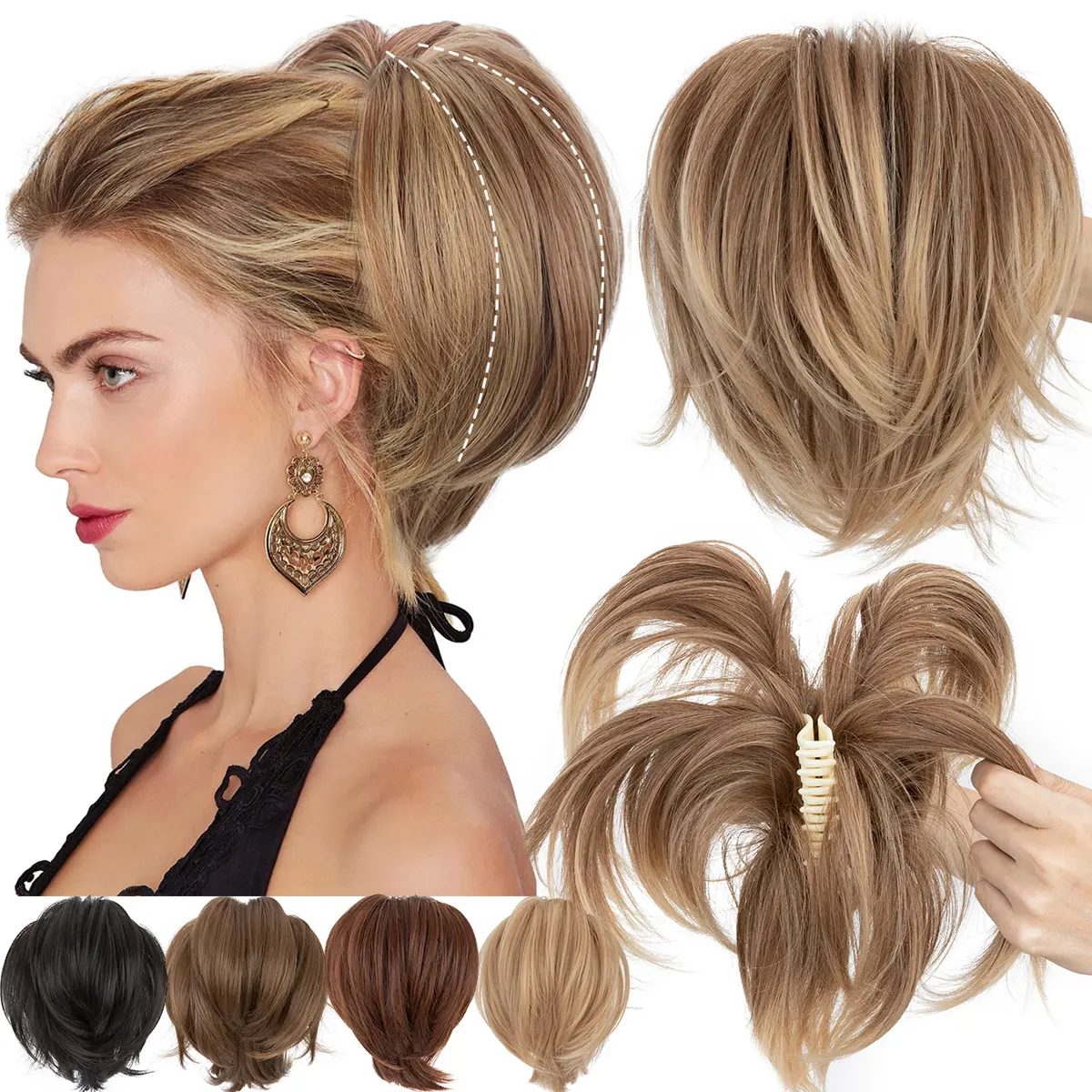 Real Human Hair Claw Clip Ponytail Extension 8 Inch Bendable Wires Natural Hair Extensions Messy Bun Clip with Bendable Wire  main image 2