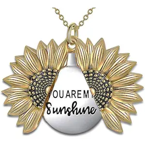 You are My Sunshine Necklace - Sunflower Necklace Locket with Engraved Hidden Message Pendant for Women, Mother, Daughter mixed  metal