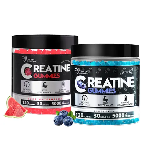 MOSEA ELEMENTS Chewy Creatine Gummies Supplement, 5000mg Pure Creatine Monohydrate, 3 Fruity Flavors (Watermelon, Blueberry, Orange), 120 Pieces, 30-Day Supply, No Fillers/Chalky Taste, Gym Muscle Fuel, Strength Boost, Easy Pre/Post-Training Intake