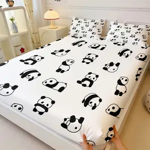3-Piece Set of Black and White Panda Pattern Bedding Set, Cute and Playful Cartoon Panda Printed Fitted Sheet Set, Soft and Comfortable, Including 1 Fitted Sheet and 2 Pillowcases