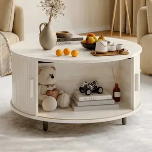 Round Coffee Table With Storage, 31.5" Coffee Table With 360 °   Sliding Tambour Door, Fluted Wood Accent Coffee Table With Adjustable Footpads, Mid Century Modern Round Center Table For Living Room