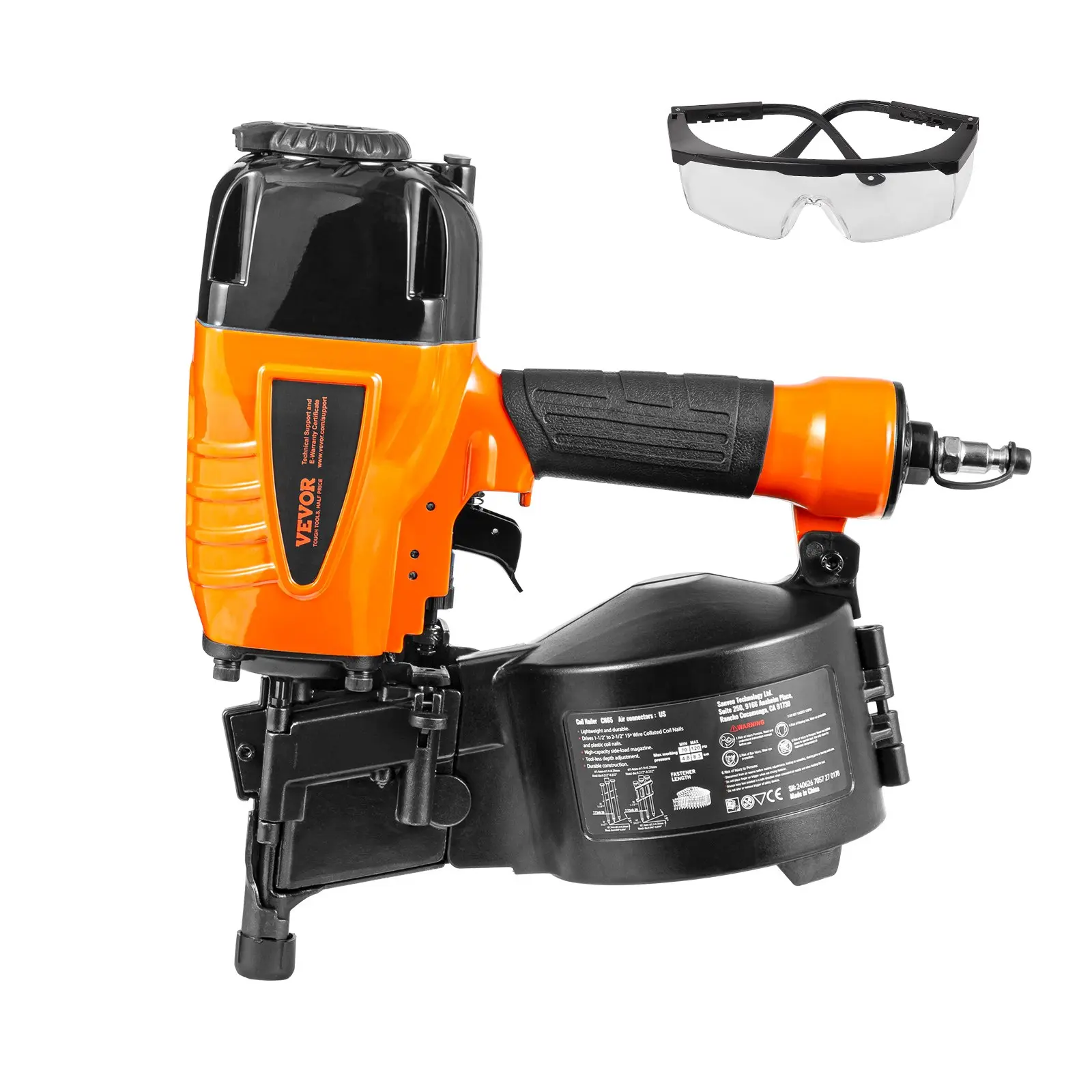 VEVOR Coil Siding Nailer CN65, 1-1/4" to 2-1/2" 15 Degree Pneumatic Siding Nail Gun with Tool-Less Depth Adjustment, 70-120PSI Air Coil Nailer for Siding, Pallet Sheathing, Wooding, Fencing, Decking