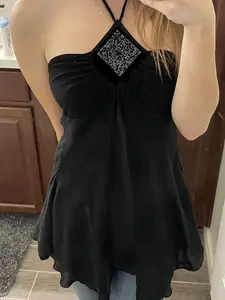 Vintage Y2K Sequined Halter Tie Asymmetric Vest Top for Women, Sleeveless Layered Mesh Blouse, Spring & Fall Fashion