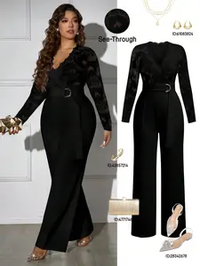 Plus Size Women's Velvet Floral Lace Long Sleeves Jumpsuit, Fitted, V Neck Front Opening, Backless Sheer Transparent Detail, Wide Waist Belt, High Waisted Flare Pants