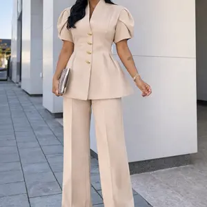 Champagne Women Blazer Pant Set with Gold Metal Button Formal Corporate Casual Blazer Set Chic Sophiaticates Women's Suits & Sets Clothing stylish camouflage Womenswear Winter Summer