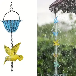 7.9ft Rain Chains for Gutters Outside, Colorful Rain Catcher Chain with 7 Metal Cups & 8 Hummingbird Decor, Adjustable Hanging Rain Hutter Chain Downspout Substitute for Garden Drainage & Eaves