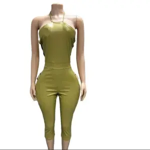 Sexy Capri Hollow Out PU Halter Laser Up Jumpsuit for Women - Olive Green