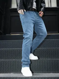 Men's All-Season Classic Washed Blue Loose Straight Leg Jeans, American Vintage High Street Commuter Casual Long Pants