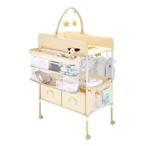 VEVOR Baby Changing Table, Foldable Diaper Change Station with 2 Fabric Drawers, Side Basket & Hanging Rod, Adjustable Height Portable Changing Table with Lockable Wheels & 2 Star Toys, Light Beige