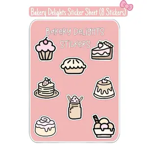 Bakery Delights Sticker Sheet - 8 Cute Handmade Stickers Featuring Sweet Cakes & Pastries on Pink Background