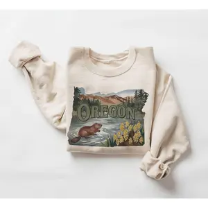 Retro Oregon Animals & State Flowers Sweatshirt   Nineties 90s Vintage Cute Beaver Yellow Oregon Grapes   Boho Unisex Crewneck Sweatshirt