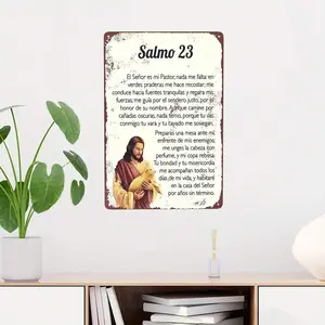 Psalm 23 Metal Wall Decor with Jesus – Bilingual English & Spanish Bible Verse Sign, Vintage Christian Home & Cafe Wall Art, Easy to Hang Iron Plaque Religious Cross Print Wooden Cross Decorations