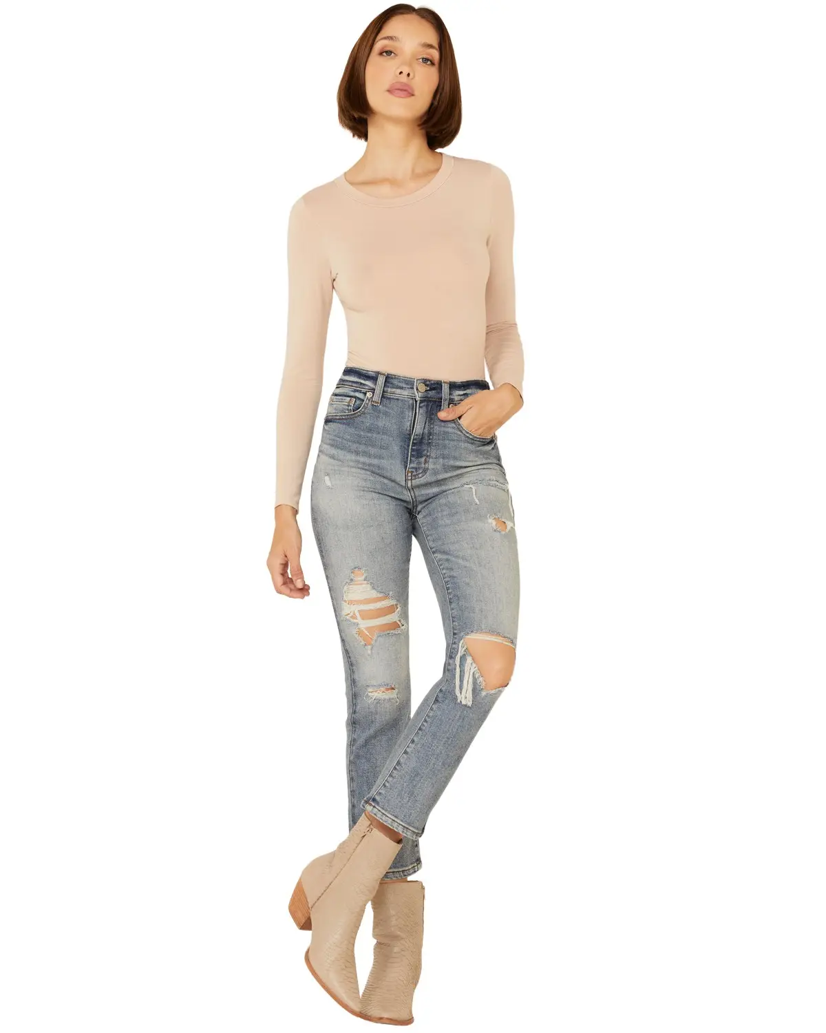 Daze Women's Denim Women'S Light Wash Distressed High Rise Straight Jeans - D6201zzo-Pwr