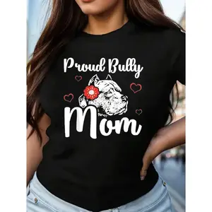 [Proud Bully Mom, Graphic Tee] American Bully Dog Owner Printed Fun Designer Vintage Summer Graphic T-Shirt - Casual Short Sleeve Women