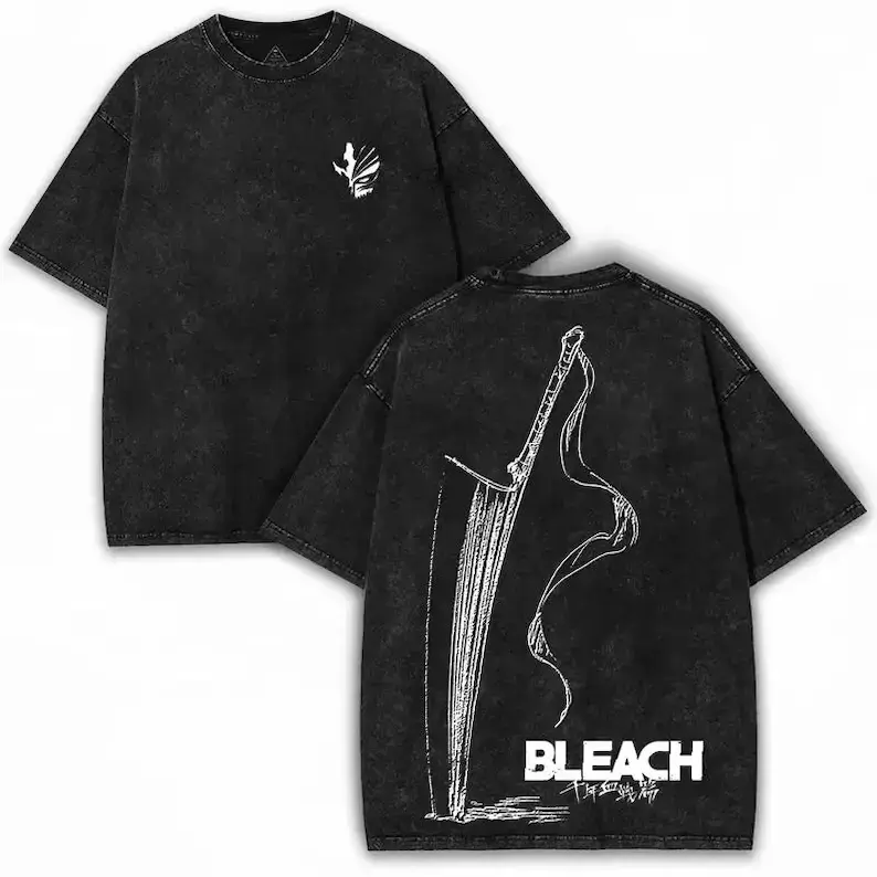 Black Washed Bleach Thousand Year Blood War Zangetsu Sword White Line Art Vintage Anime Graphic T Shirt for Men Oversized Short Sleeve Crewneck Cotton Tee Casual Streetwear Top for Shinigami Fans and Daily Wear