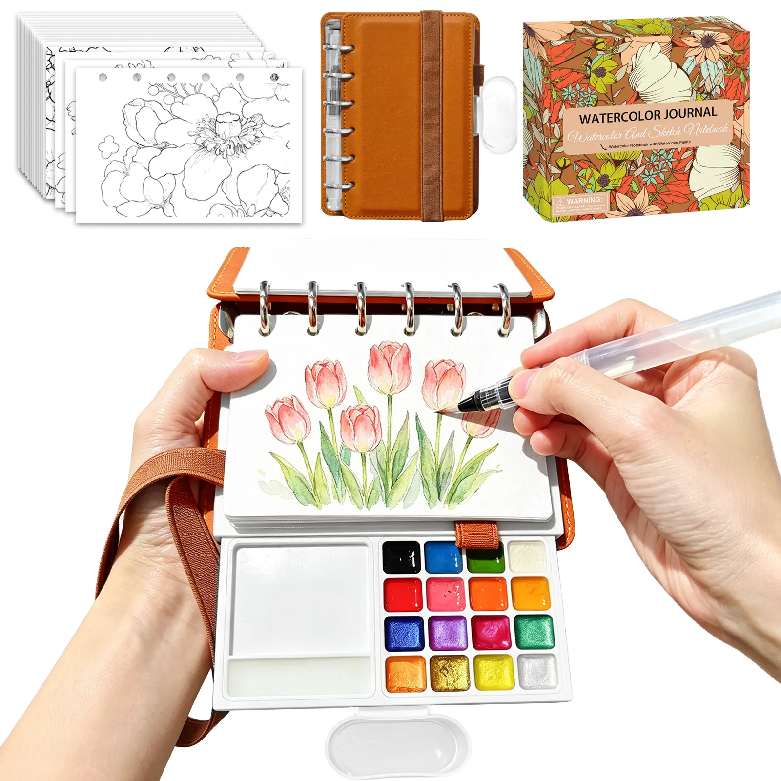 Portable Ring-Bound Watercolor Sketchbook Set, 16-Color Travel Watercolor Kit (8 Matte, 8 Shimmer), 30 Sheets Cotton Paper, Detachable Palette, Water Cup, Water Brush