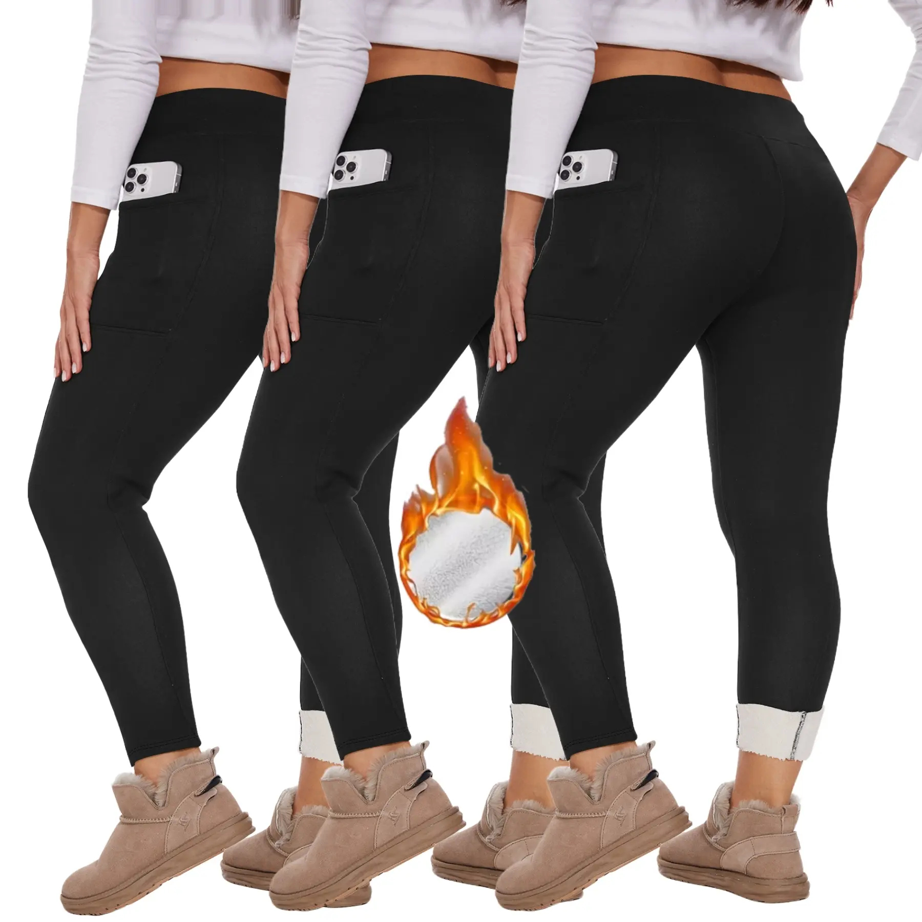 Women's Plus Size High-Waisted Fleece-Lined Leggings 3-Pack - Black Thermal Polyester Tummy Control Stretchy Pull-On Bottoms, Outdoor Sportswear for Winter Workout & Christmas, Soft Non-Deforming Non-Pilling