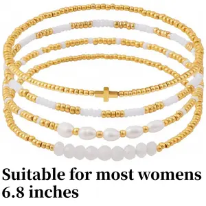 4PCS Dainty Gold Pearl Crystal Beaded Bracelets Set for Women 14K Real Gold Plated Bead Pearl Crystal Beads Bracelet Stackable Paperclip Link Chain Bracelets Gold Bracelets for Women Trendy Jewelry