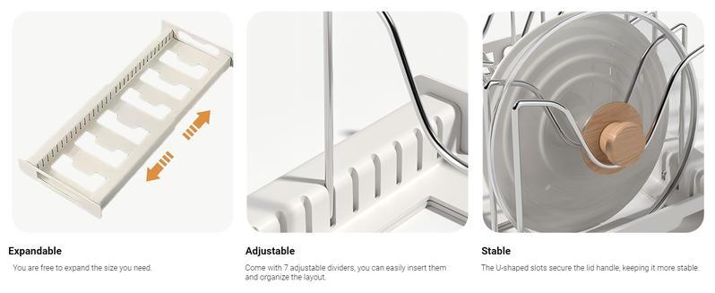 [Spring & Easter] Expandable Pot and Pan Organizer Rack - 7 Stainless Steel Adjustable Dividers for Kitchen Cabinet Organizer & Storage White Durable Metal Accessible