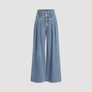 Cider Double High Rise Solid Button Wide Leg Jeans