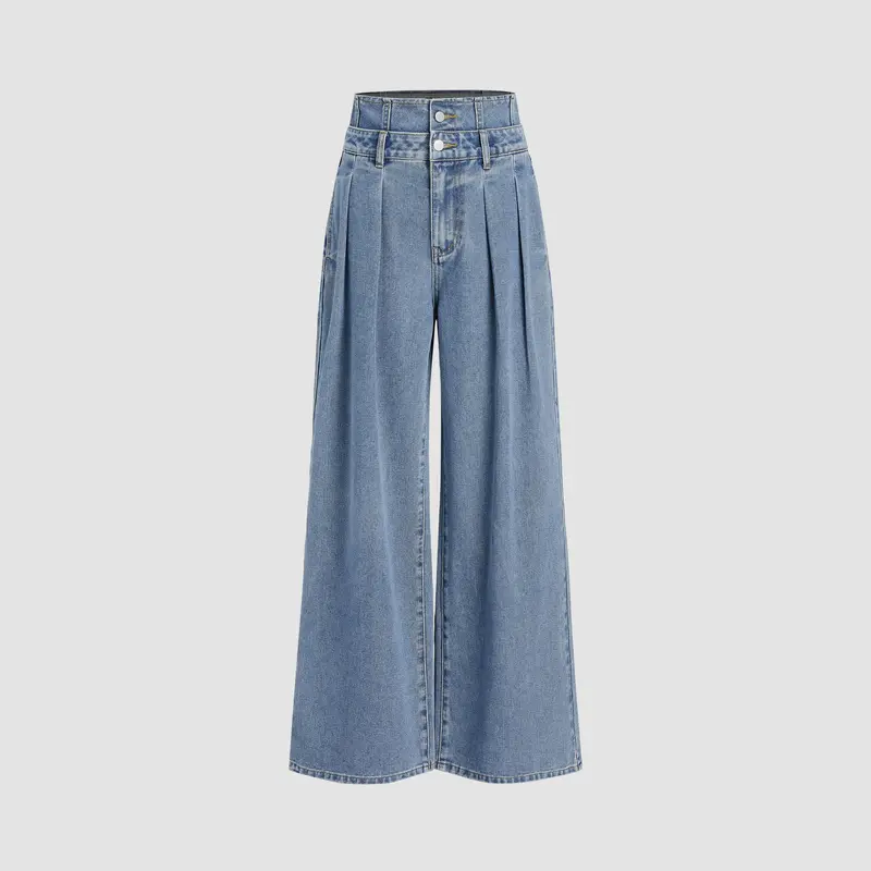 Cider Double High Rise Solid Button Wide Leg Jeans