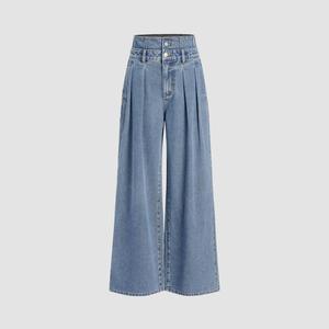 Cider Double High Rise Solid Button Wide Leg Jeans
