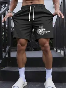 Men's Casual Lion Head Print Shorts, American Street Style Loose Fit Gym Shorts for All Seasons, Geometric Patterned Bottoms