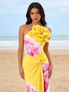 Women's Floral Bandeau Swimsuit Set, Colorblock Print One-Piece Swimwear + Half Skirt, Slimming Beach Photo, Bandeau Bathing Suits