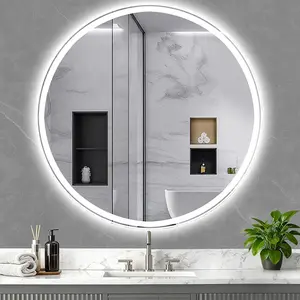 Round LED Bathroom Mirror 33''×33'' with White Frame 3-Tone Lighting 120 LEDs 5-3000 lm Touch Control Dimmable Front & Back Lighting Tempered Glass