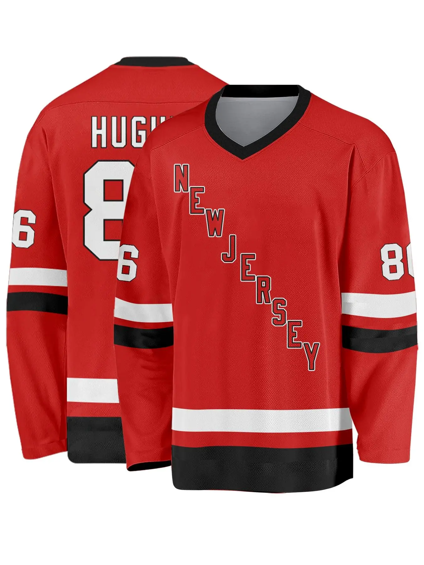 Retro Red Ice Hockey Jersey Long Sleeve Streetwear Graphic Print Casual Sports Number 86 V-Neck Oversized Sweater Men Women Activewear Unisex Breathable Game Day Uniform