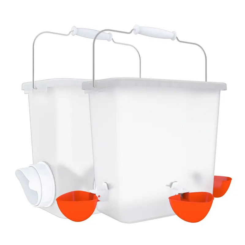 Automatic Chicken Dry Food Feeder & Waterer 2-Pack - 2.6 Gal Food-Grade Polypropylene Dispenser Bucket, 3-Port Waterproof Gravity Feeder, Poultry Waterer with 3 Cups, Hooks, Stopper Lid for Poultry Feeding