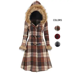 Women’s New Faux Fur Hooded Jacket with Horn Buttons, Gothic Vintage Plaid Winter Coat, Slim Fit, Thick Fabric, Casual Autumn & Winter Wear