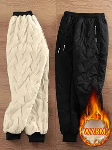 Men's casual long pants, men's fleece-lined thick warm winter pants with ankle cuffs, fleece-lined jogger pants, unisex waterproof windbreaker pants, suitable for daily home and outdoor use in snowy conditions Beige Black