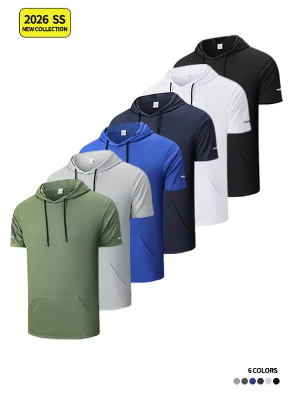 Men's Polyester Pullover Hoodie - Quick Dry, Short Sleeve, Loose, Sporty, Casual, Drawstring, Kangaroo Pocket, Lightweight for Athletic Running Training, Solid