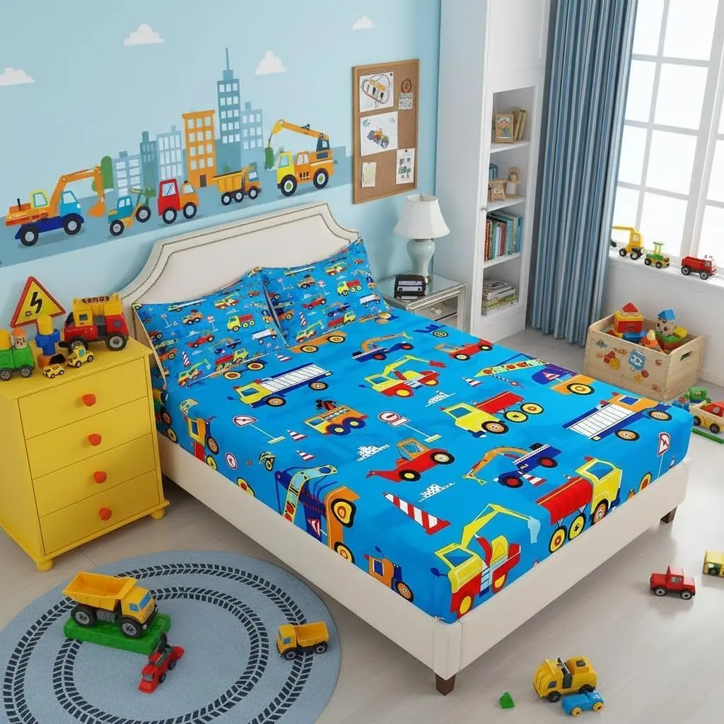 Cartoon Car Bedding Set,Excavator Tractor Truck Fitted Sheet Bedroom Decor,Building Construction Vehicles Bed Sheets Modern Blue Deep Pocket Sheet